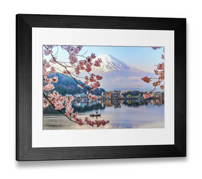 Framed Print : Fisherman sailing boat in Kawaguchiko Lake and Sakura with Fuji Mountain Reflection Background Framed Print : Fisherman sailing boat in Kawaguchiko Lake and Sakura with Fuji Mountain Reflection Background