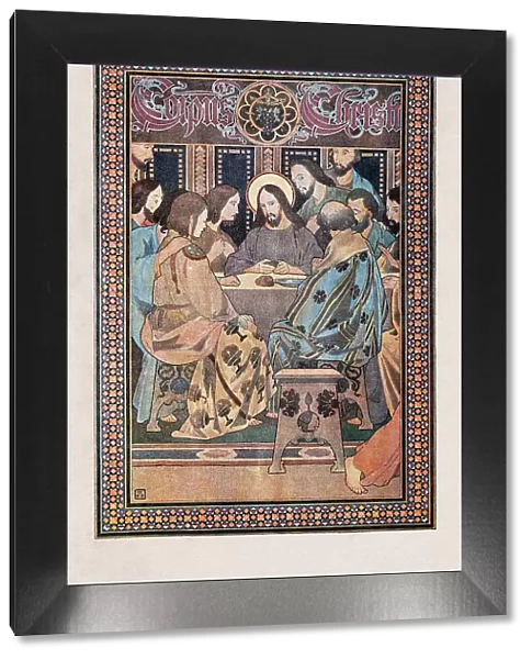 Religious painting Jesus at last supper with disciples art nouveau illustration