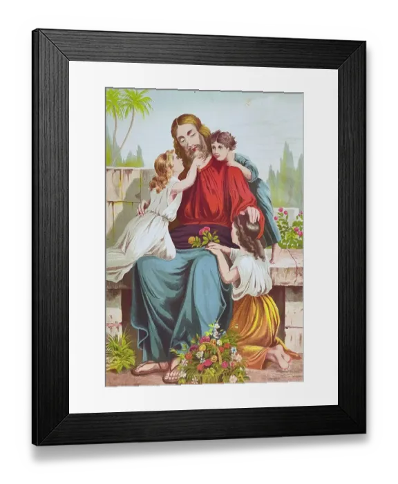 Framed Print : Let the little children come to me, Jesus embracing girls who brought him flowers Framed Print : Let the little children come to me, Jesus embracing girls who brought him flowers