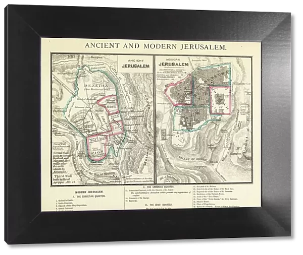Antique Engraving: Ancient and Modern Jerusalem Map Engraving