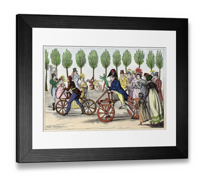 Framed Print : Man on Draisine bicycle in Jardin de Luxembourg 1818 Framed Print : Man on Draisine bicycle in Jardin de Luxembourg 1818