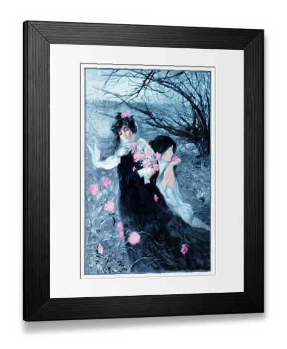 Framed Print : Two women with pink flowers in romantic winter scenery Framed Print : Two women with pink flowers in romantic winter scenery