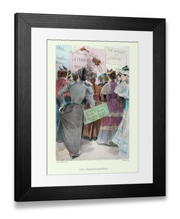 Framed Print : Women's right activists putting up posters, Victorian, French, 19th Century Framed Print : Women's right activists putting up posters, Victorian, French, 19th Century