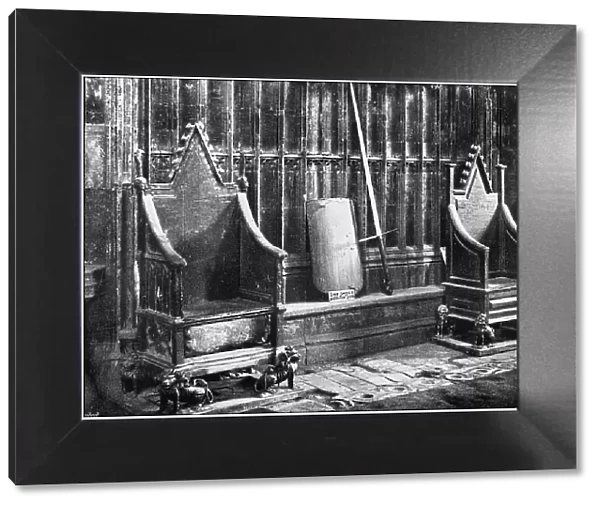 Antique photograph of London: Coronation chairs, sword and shield