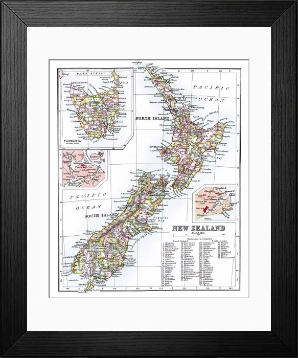 Framed Print : Old chromolithograph map of New Zealand Islands Framed Print : Old chromolithograph map of New Zealand Islands