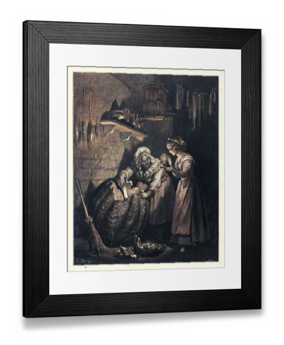 Framed Print : Cinderellas fairy godmother carving the pumpkin into a coach, Fairy Tales of Charles Perrault Framed Print : Cinderellas fairy godmother carving the pumpkin into a coach, Fairy Tales of Charles Perrault