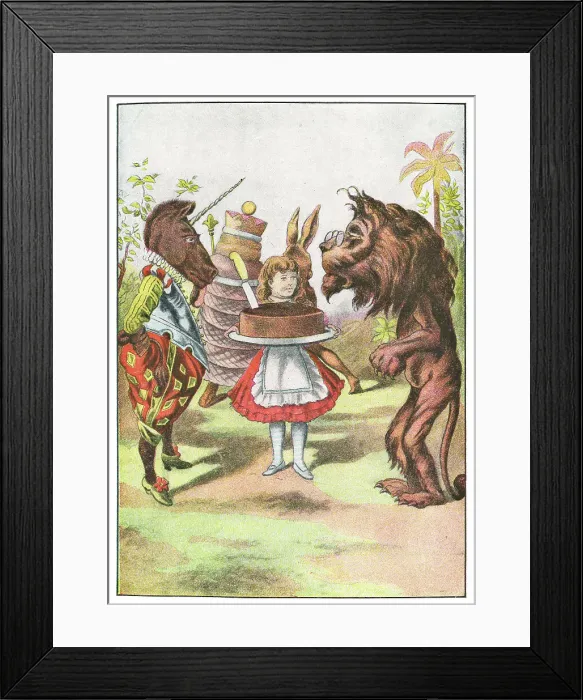 Framed Print : Alice holding a Plum Cake with The Lion and the Unicorn in Through the Looking-Glass Framed Print : Alice holding a Plum Cake with The Lion and the Unicorn in Through the Looking-Glass