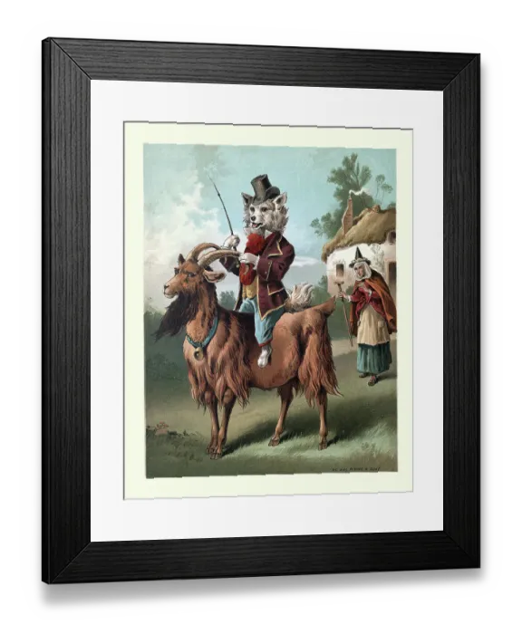 Framed Print : Old Mother Hubbard, nursery rhyme, Dog was riding a goat Framed Print : Old Mother Hubbard, nursery rhyme, Dog was riding a goat