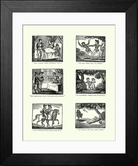 Framed Print : Woodcut engravings from the story Babes in the Wood Framed Print : Woodcut engravings from the story Babes in the Wood