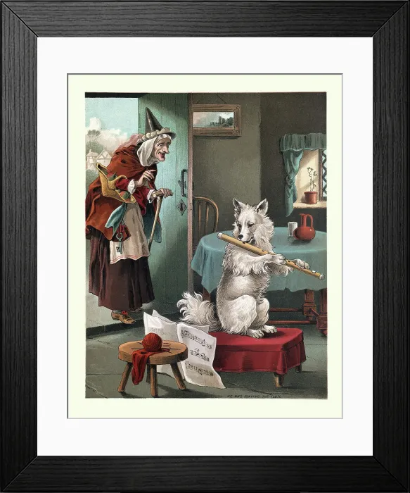 Framed Print : Old Mother Hubbard, nursery rhyme, Dog was playing the flute Framed Print : Old Mother Hubbard, nursery rhyme, Dog was playing the flute
