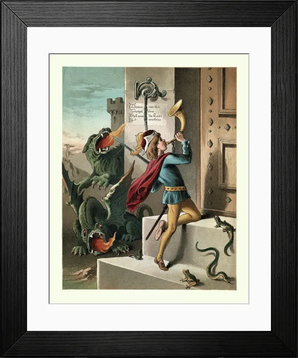 Framed Print : Jack the Giant Killer, Jack blowing the horn at the gaints door, Dragons, Fairy tale Framed Print : Jack the Giant Killer, Jack blowing the horn at the gaints door, Dragons, Fairy tale