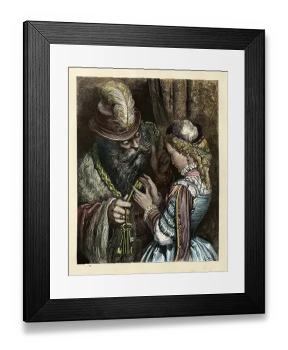 Framed Print : Bluebeard warning his wife not to open locked room, fairytale Framed Print : Bluebeard warning his wife not to open locked room, fairytale