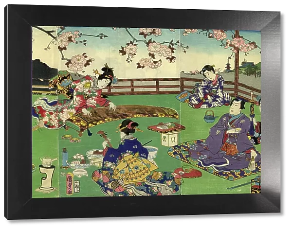 Japanese Triptych Woodblock Cherry Blossom entertainment