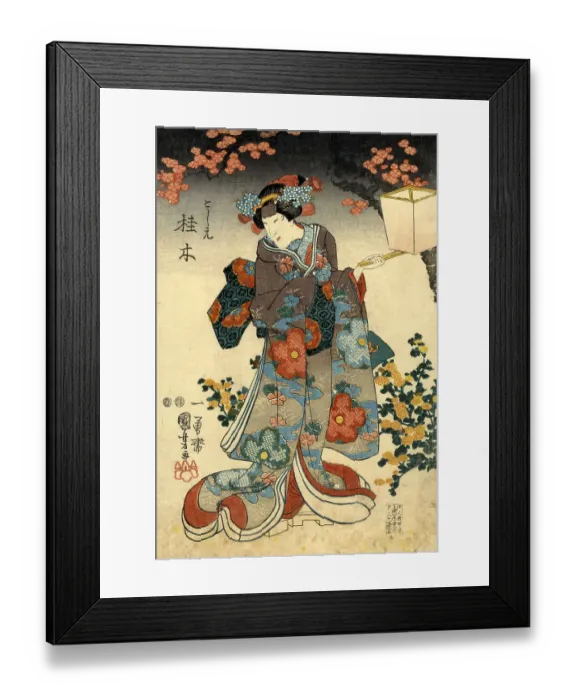 Framed Print : Traditional Japanese Woodblock female with lattern Framed Print : Traditional Japanese Woodblock female with lattern