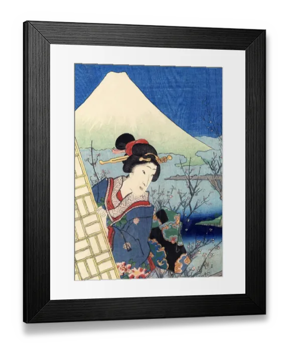 Framed Print : Traditional Woodblock Print Woman and Mount Fuji Framed Print : Traditional Woodblock Print Woman and Mount Fuji
