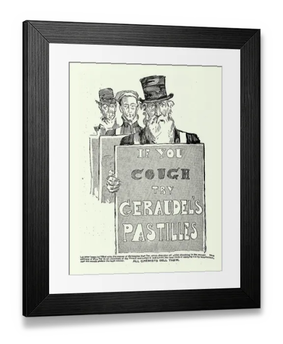 Framed Print : Old advert for Geraudel's cough pastilles, men carrying sandwich advertising board, 1890s, 19th Century Framed Print : Old advert for Geraudel's cough pastilles, men carrying sandwich advertising board, 1890s, 19th Century