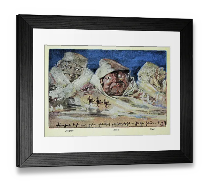 Framed Print : Swiss postcard, Mountains depicted as people, Jungfrau, Monch, Eiger, Jugendstil Art Nouveau, 19th Century art Framed Print : Swiss postcard, Mountains depicted as people, Jungfrau, Monch, Eiger, Jugendstil Art Nouveau, 19th Century art
