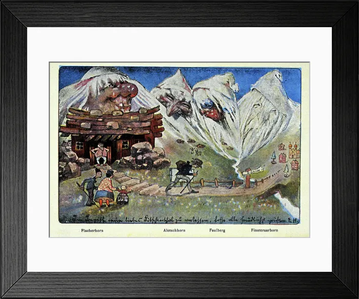 Framed Print : Swiss postcard, Mountains depicted as people, Fischerhorn, Alestschhorn, Faulberg, Finsteraarhorn, Jugendstil Art Nouveau, 19th Century art Framed Print : Swiss postcard, Mountains depicted as people, Fischerhorn, Alestschhorn, Faulberg, Finsteraarhorn, Jugendstil Art Nouveau, 19th Century art