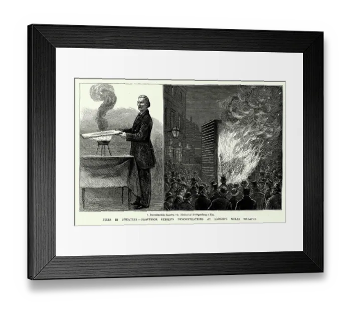 Framed Print : Fires in theatres, Professor John Henry Pepper's demonstrations at Sadler's Wells Theatre, Incombustible Scenery, Method of extinguishing a fire Framed Print : Fires in theatres, Professor John Henry Pepper's demonstrations at Sadler's Wells Theatre, Incombustible Scenery, Method of extinguishing a fire