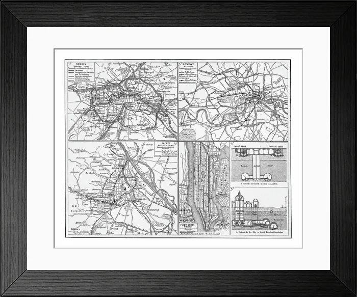 Framed Print : Old chromolithograph illustration of railway network in Berlin, London, Vienna and New York Framed Print : Old chromolithograph illustration of railway network in Berlin, London, Vienna and New York