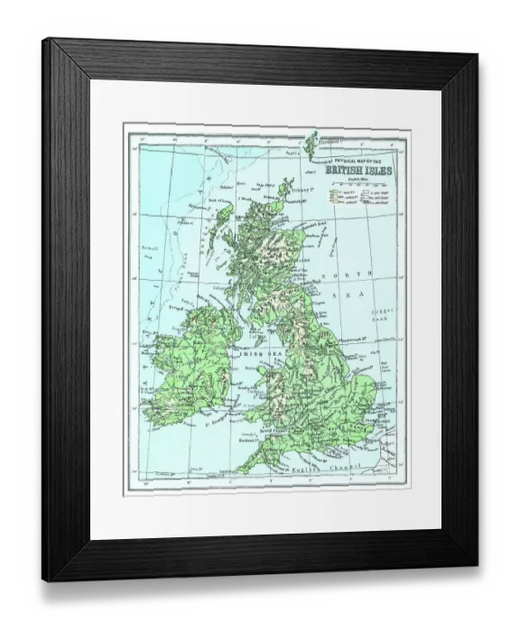 Framed Print : Old chromolithograph map of physical map of the British Isles