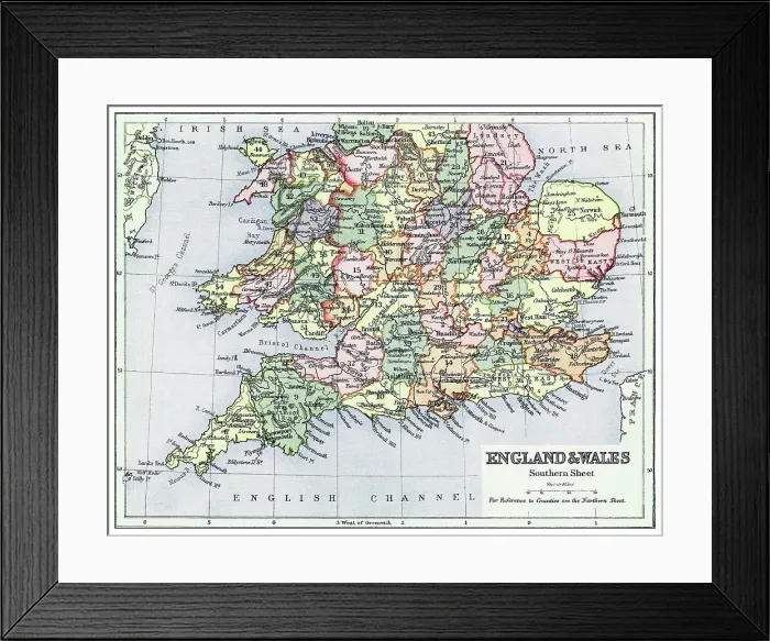 Framed Print : Old chromolithograph map of England and Wales (Southern sheet) Framed Print : Old chromolithograph map of England and Wales (Southern sheet)
