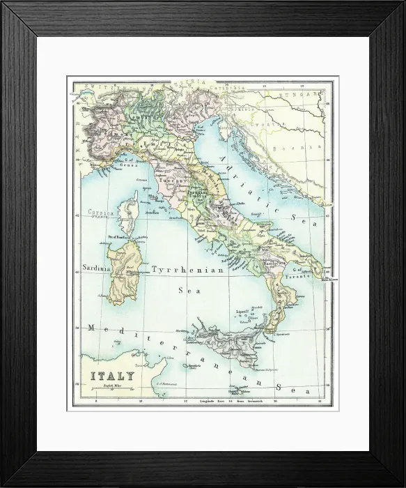 Framed Print : Old chromolithograph map of Italy and Islands Framed Print : Old chromolithograph map of Italy and Islands
