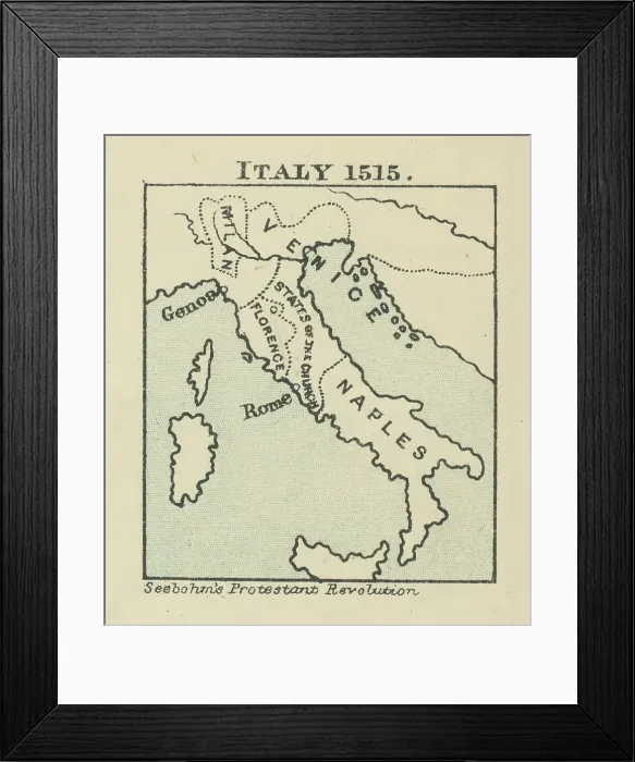 Framed Print : Old chromolithograph map of Italy in 1515 Framed Print : Old chromolithograph map of Italy in 1515