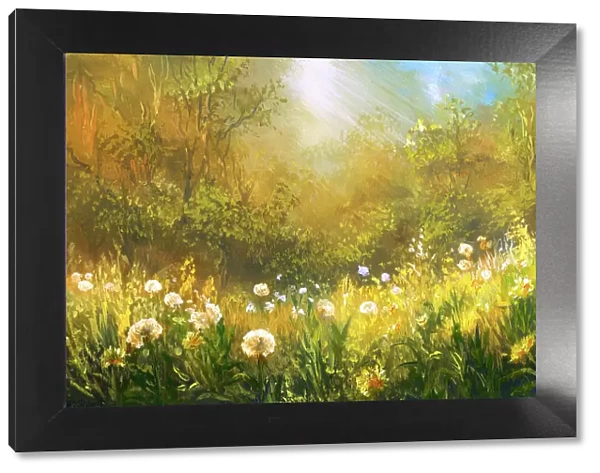 Meadow of dandelions, oil painting