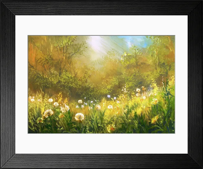Framed Print : Meadow of dandelions, oil painting