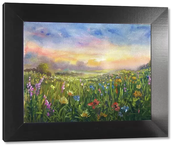 Summer meadow, watercolor painting impressionism