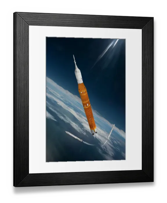 Framed Print : Artemis 1 Solid Space Launch System (SLS) rocket with Solid Rocket Boosters dropping away Framed Print : Artemis 1 Solid Space Launch System (SLS) rocket with Solid Rocket Boosters dropping away