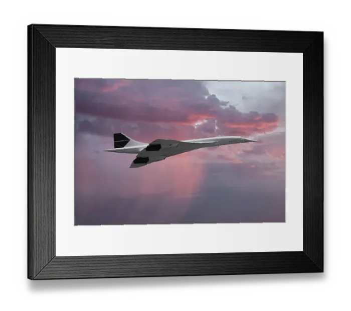 Framed Print : Inflight view of a British Aerospace Concorde SST (Supersonic Transport) banking into a dramatic sunset sky Framed Print : Inflight view of a British Aerospace Concorde SST (Supersonic Transport) banking into a dramatic sunset sky