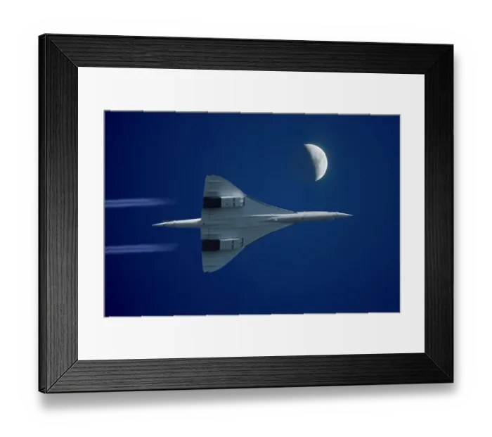 Framed Print : Inflight view of a British Aerospace Concorde SST (Supersonic Transport) with high altitude contrails and the moon Framed Print : Inflight view of a British Aerospace Concorde SST (Supersonic Transport) with high altitude contrails and the moon