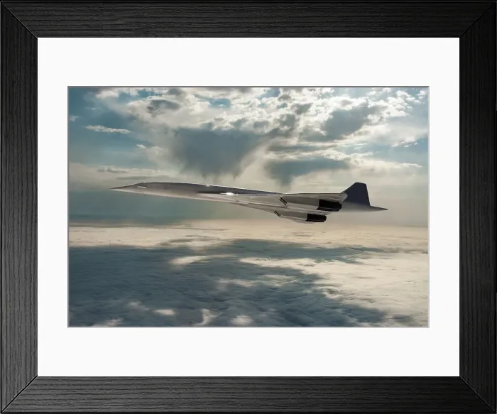 Framed Print : Inflight view of a British Aerospace Concorde SST (Supersonic Transport) in a dramatic sunset sky
