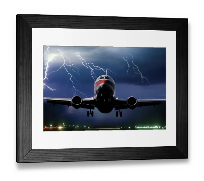 Framed Print : Boeing 737 airliner during takeoff with a lightning storm in the background Framed Print : Boeing 737 airliner during takeoff with a lightning storm in the background