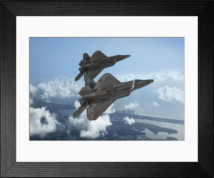 Framed Print : Two USAF Lockheed Martin F-22A Raptor stealth fighters flying over the coastline of Florida Framed Print : Two USAF Lockheed Martin F-22A Raptor stealth fighters flying over the coastline of Florida