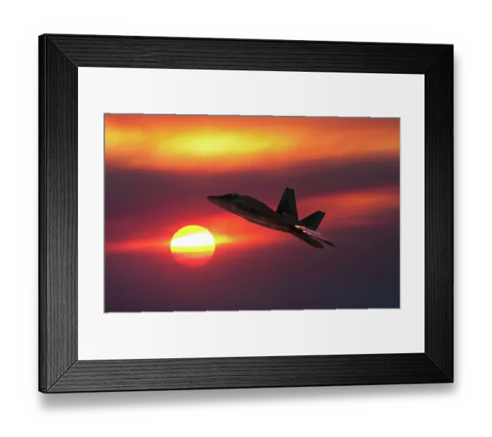 Framed Print : A USAF Lockheed Martin F-22A Raptor stealth fighter flying into the sunset Framed Print : A USAF Lockheed Martin F-22A Raptor stealth fighter flying into the sunset
