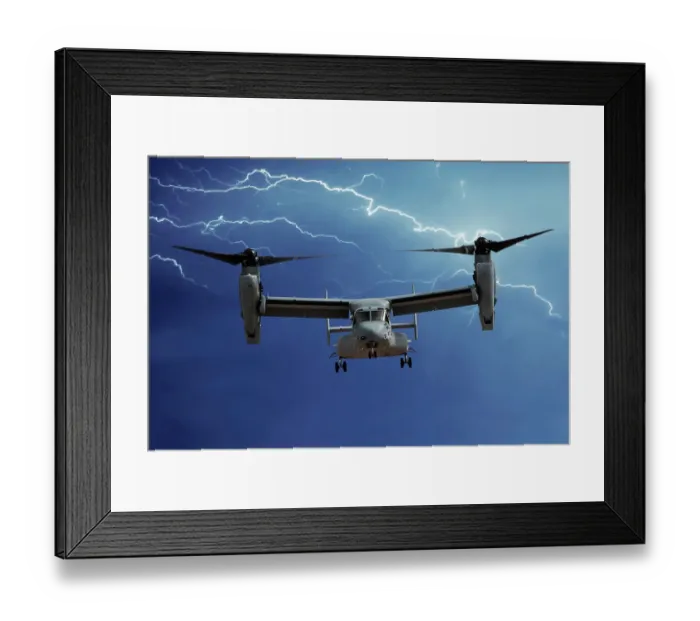 Framed Print : A head-on view of a U. S. Marine Corps Bell / Boeing MV-22 Osprey tilt-rotor aircraft with lightning Framed Print : A head-on view of a U. S. Marine Corps Bell / Boeing MV-22 Osprey tilt-rotor aircraft with lightning