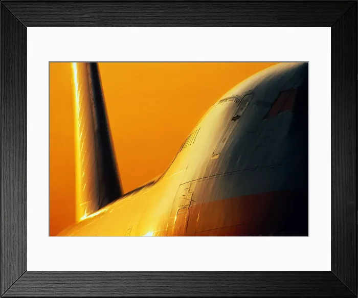 Framed Print : Boeing 747 passenger aircraft at sunset, close-up Framed Print : Boeing 747 passenger aircraft at sunset, close-up