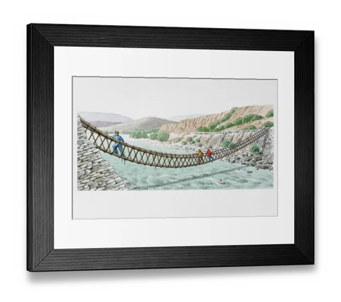 Framed Print : Three people crossing swaying rope bridge over wide river, side view Framed Print : Three people crossing swaying rope bridge over wide river, side view