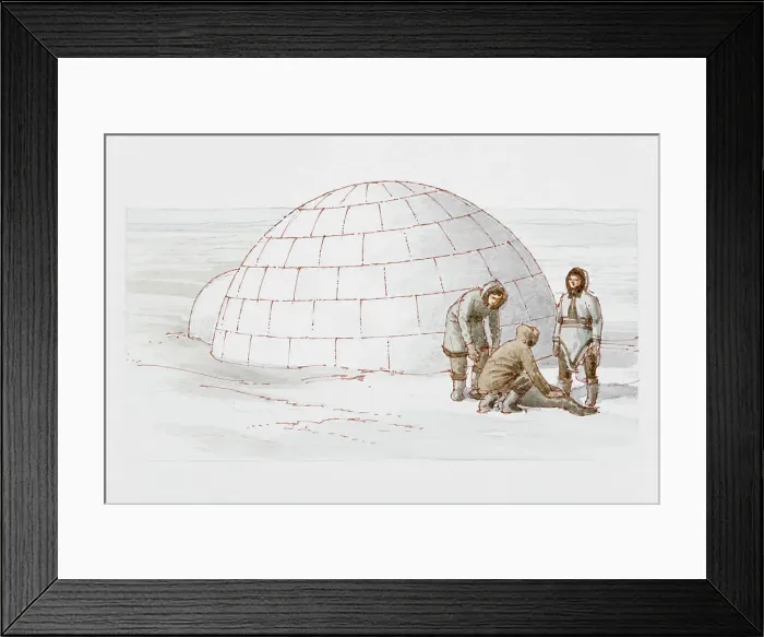 Framed Print : Three Inuit hunters by 6000 BC igloo