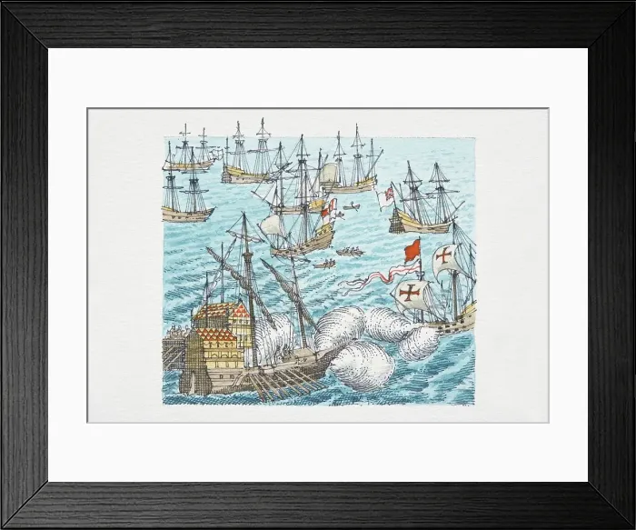 Framed Print : Fleet of English ships at sea lighting warning beacons Framed Print : Fleet of English ships at sea lighting warning beacons