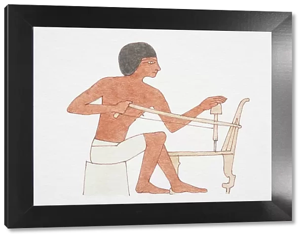 2500 BC Egyptian carpenter drilling into a chair by twisting a bow string around a shaft, side view