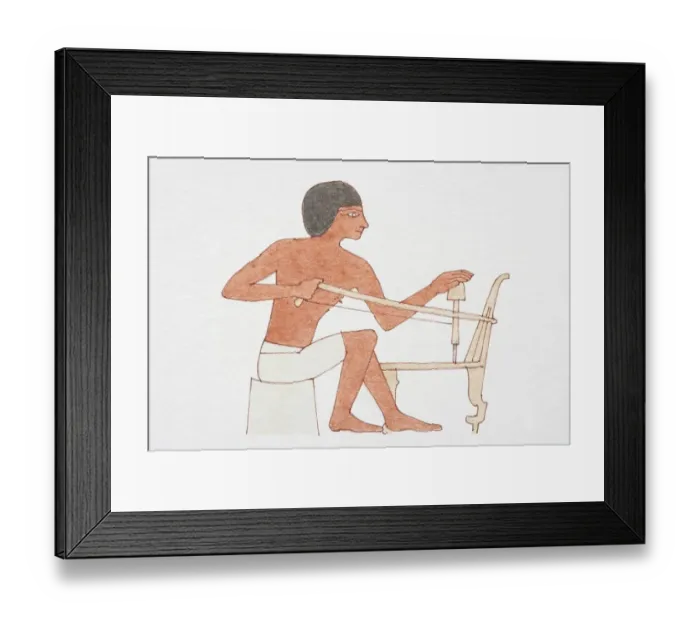Framed Print : 2500 BC Egyptian carpenter drilling into a chair by twisting a bow string around a shaft, side view Framed Print : 2500 BC Egyptian carpenter drilling into a chair by twisting a bow string around a shaft, side view