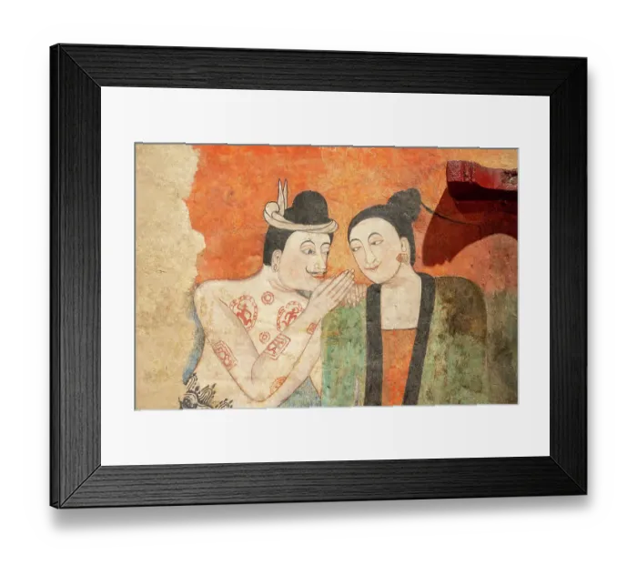 Framed Print : The mural painting of a man whispering to the ear of a woman. at Wat Phumin, a famous temple in Nan province, Thailand Framed Print : The mural painting of a man whispering to the ear of a woman. at Wat Phumin, a famous temple in Nan province, Thailand