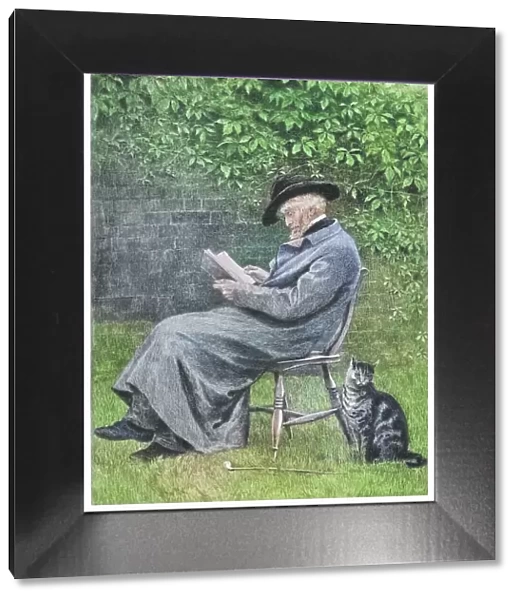 Portrait of Thomas Carlyle (Scottish historian, satirical writer, essayist, translator, philosopher, mathematician, and teacher) sitting on a chair in the garden with his cat