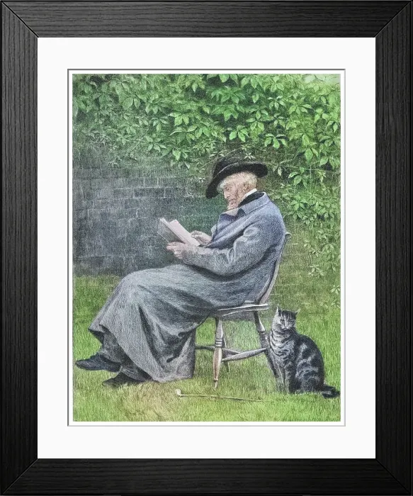 Framed Print : Portrait of Thomas Carlyle (Scottish historian, satirical writer, essayist, translator, philosopher, mathematician, and teacher) sitting on a chair in the garden with his cat Framed Print : Portrait of Thomas Carlyle (Scottish historian, satirical writer, essayist, translator, philosopher, mathematician, and teacher) sitting on a chair in the garden with his cat