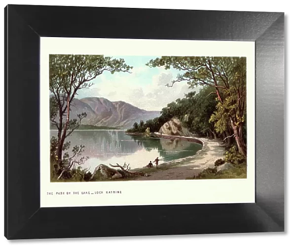 Scottish landscape, Path by Lake, Loch Katrine, Scotland. 19th Century