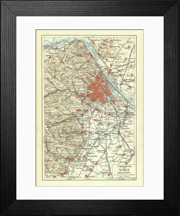 Framed Print : Old chromolithograph map of surroundings of Vienna, national capital, largest city, and one of nine states of Austria Framed Print : Old chromolithograph map of surroundings of Vienna, national capital, largest city, and one of nine states of Austria